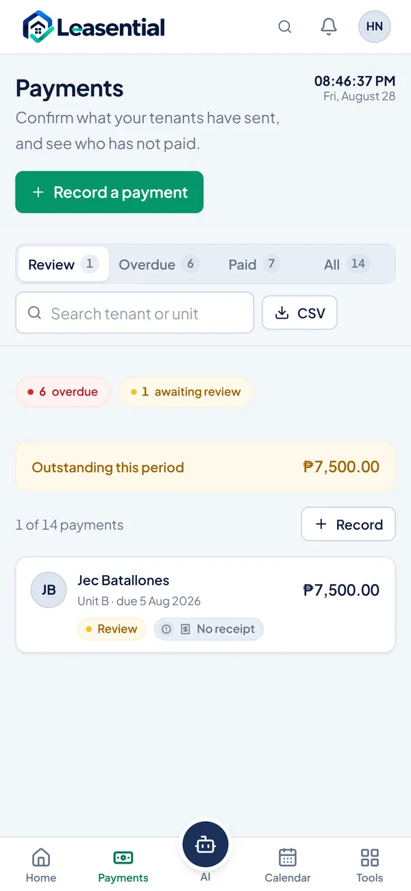 Leasential on a phone: Stop asking whether the rent arrived.