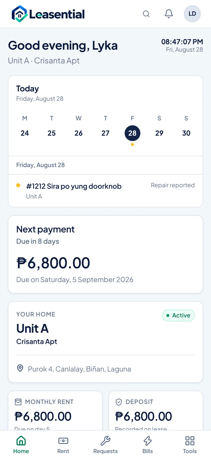 The Leasential tenant home screen on a phone, listing rent due, a utility share and a repair in progress.